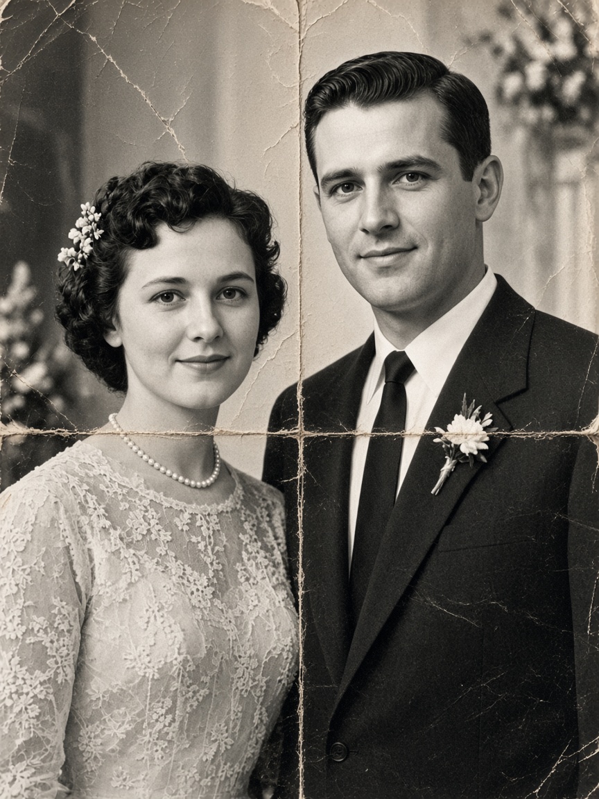 Wedding photograph with a vertical fold.