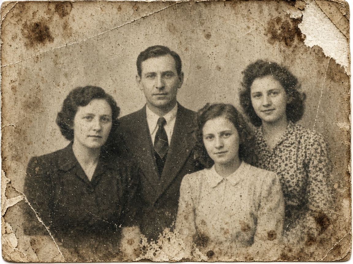 Group portrait with several kinds of deterioration.