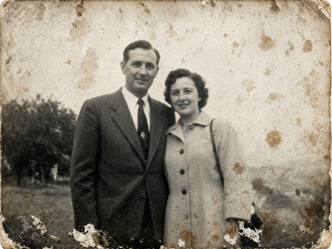 Vintage snapshot with brown stains and foxing.