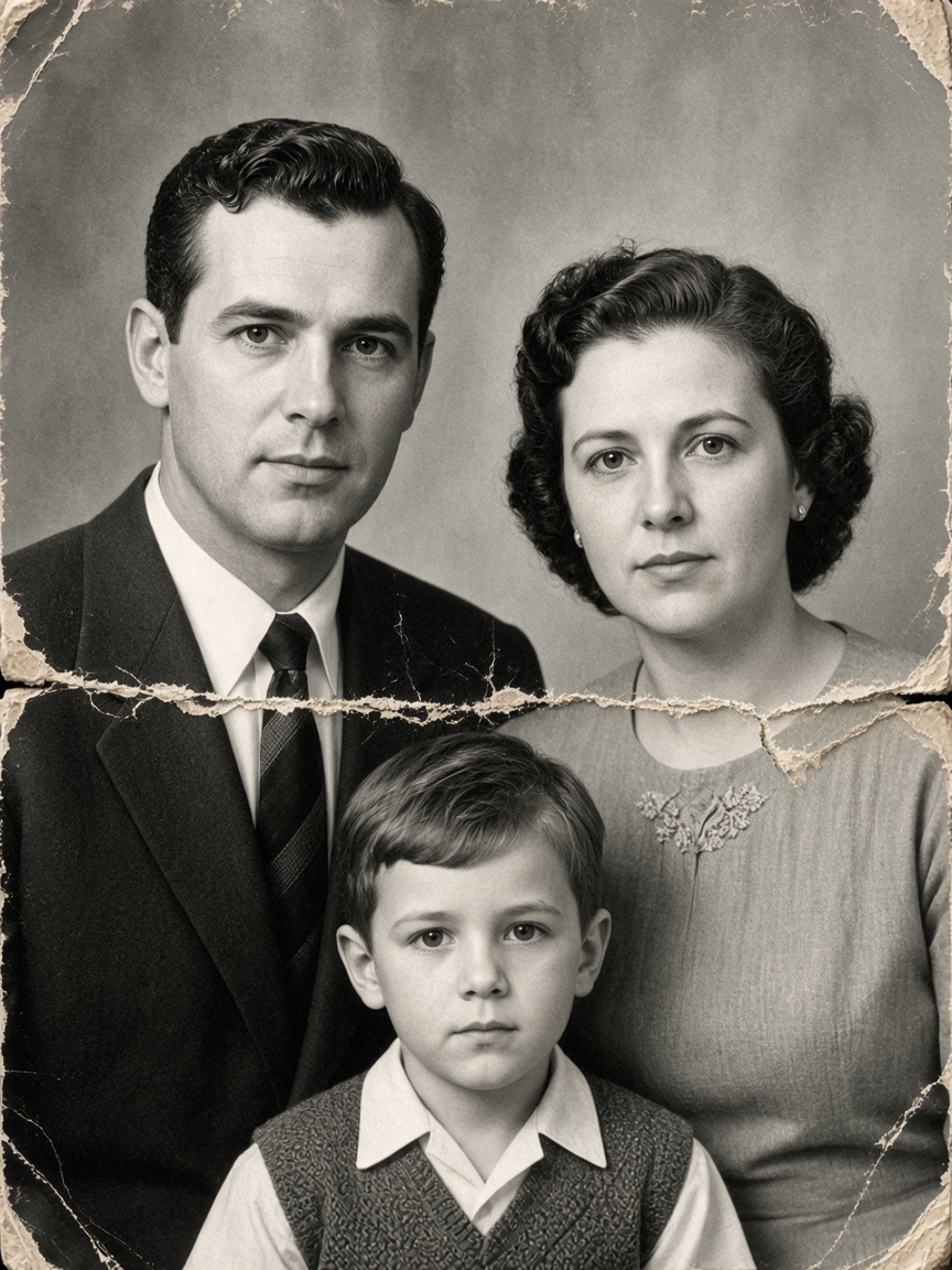 Family portrait torn across the print.